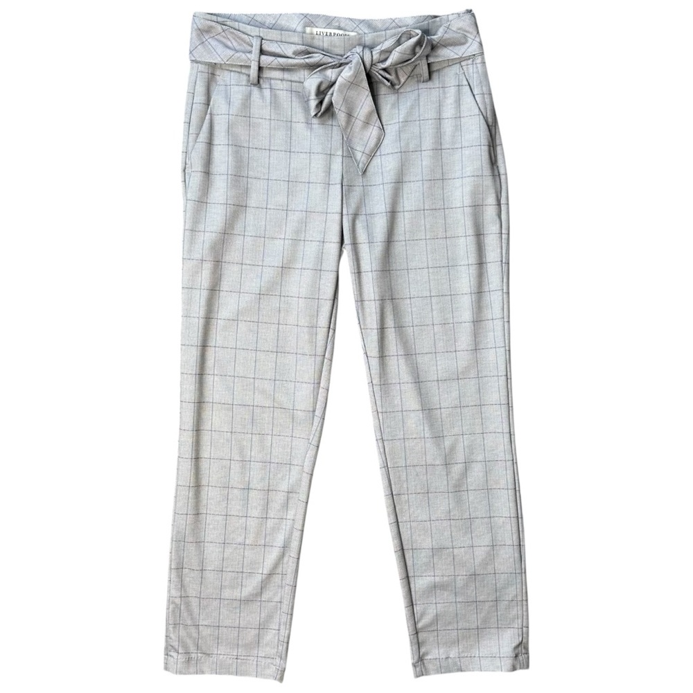 LIVERPOOL Cropped Paper Bag Waist Tie Taupe Gray Check Plaid Trousers Size 6/28